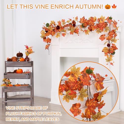Image of RoseCraft Fall Garland, 6FT Autumn Maple Leaf Velvet Pumpkin /Berry Garland Fall Decor, for Home Harvest Thanksgiving Fireplace Front Door Indoor Outdoor Holiday Party Decorations.