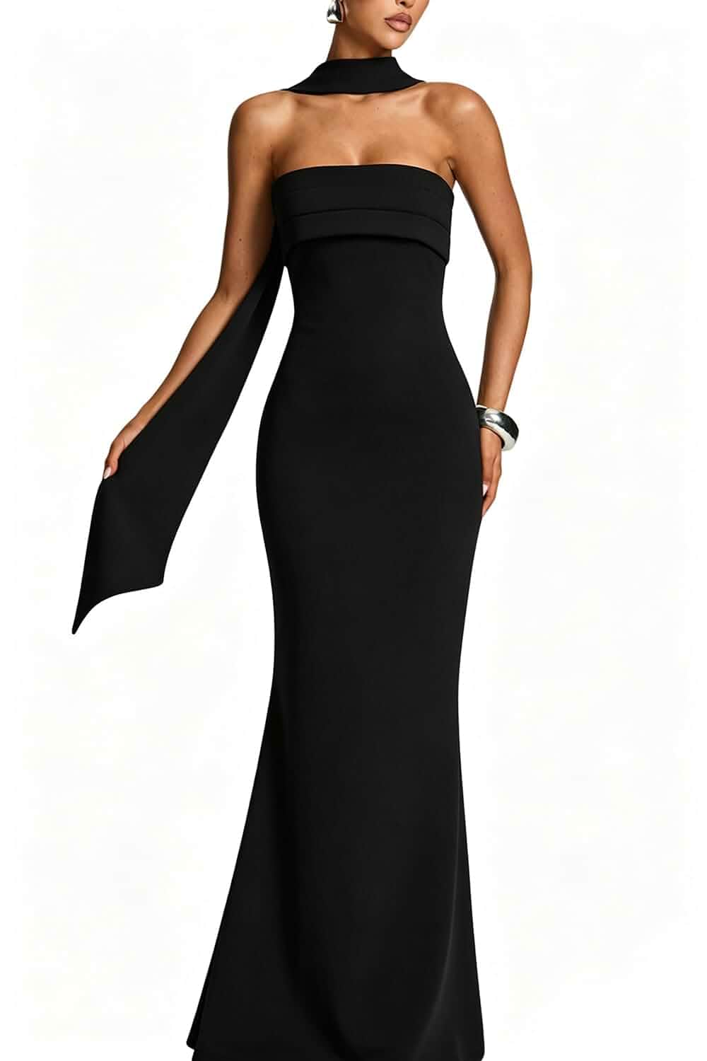 Women's Strapless Bodycon Maxi Wedding Guest Dress with Neck Scarf Formal Stretchy Bodycon Fit, Detachable Neck Scarf, Maxi Length, Wedding Guest, Cocktail, Evening & Homecoming Party, Bridal Shower