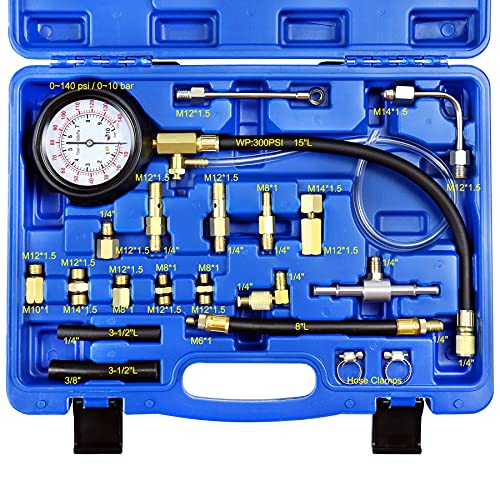 JIFETOR Fuel Injection Pump Pressure Tester Gauge Kit, Car Gasoline Gas Fuel Oil Injector Test Manometer Tool Set 0-140PSI, Universal for Auto Truck SUV Motorcycle ATV RV