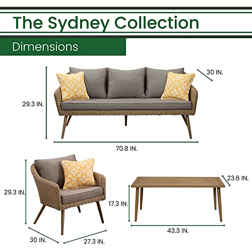 Hanover Sydney 4-Piece Outdoor Mixed Material Wicker Patio Furniture, Mid-Century Modern Conversation Set, Faux Wood Coffee Table, Plush Cushions, All-Weather-Sydney4Pc-Gry, Gray #TOP3