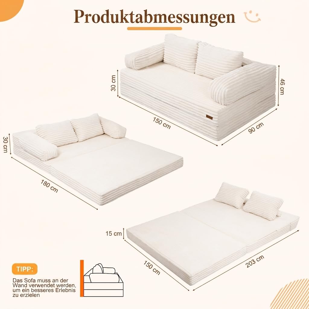 MeMoreCool Schlafsofa Cord, Klappbares Bequemes Bodensofa mit schlaffunktion, Boneless Couch mit Kissen für Schlafzimmer, Wohnzimmer und kleine Räume, 3-in-1 Compressed Sofa Bed, Beige