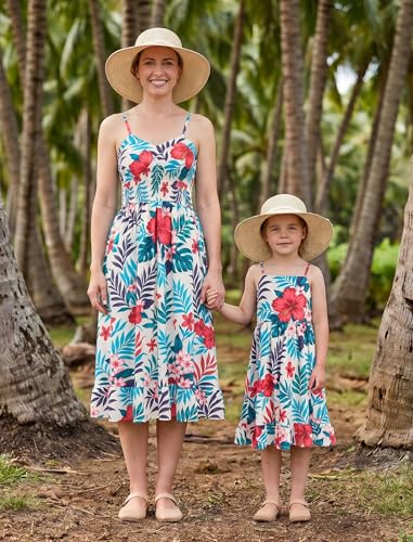 Image of AWIBMK Hawaiian Family Matching Outfits Mother Daughter Tropical Dresses Father Son Shirts for Beach Vacation Luau Party