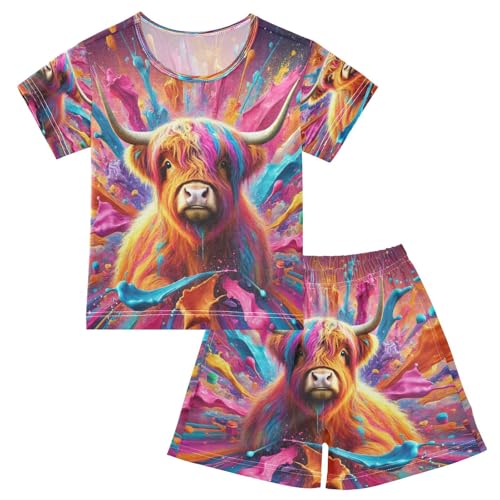Watercolor Highland Cow Pajama Set Short Sleeve Sleepwear Soft Pajamas Shorts Sets Cotton PJS 5Y