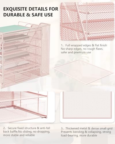Image of WALI Desk File Organizer, 6 Tier Desktop Paper Letter Tray Organizer with Drawer and 2 Pen Holders, Office Desk Accessories & Workspace Organizers for Office, Home Supplies(DO007DH-P), 1 Pack, Pink