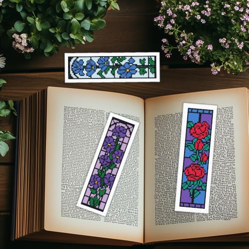Image of INFUNLY 6 Set Rose Window Cross Stitch Bookmark Kits for Beginners DIY Red Rose Embroidery Bookmark Kits with Instructions Flower Window Pre-Printed Bookmark Kit for Book Lovers Readers Women Gifts