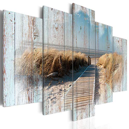 decomonkey | Impression sur Toile intissée Plage Paysage Mer 200x100 cm | 5 Pieces | Tableau mural Image sur Toile Photo Images Motif Moderne Décoration tendu sur Chassis Nature Bois Cover
