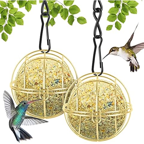 OFFCUP Fat Ball Bird Feeder, 2pcs Metal Fat Ball Bird Holder, Hanging Bird Feeder Holder Spherical with 2 S-shaped hooks for Outdoor Garden Wildlife Birds Finch Sparrow Robin (Gold) Cover