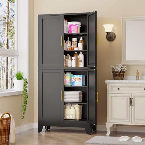 Image of 75 inch Tall Kitchen Pantry Cabinet, Black Metal Pantry Storage | Storage Cabinet with Doors and 3 Adjustable Shelves, Steel Storage, Bathroom cabinets Organizer, Cupboard for Home, Office