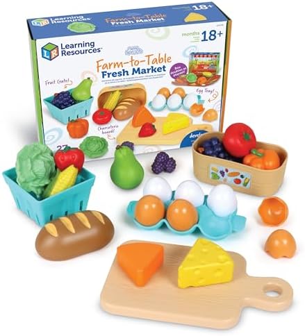 Learning Resources New Sprouts Farm-to-Table Fresh Market, 27 Pieces, Ages 18 Months+, Play Food for Kids Kicthens, Grocery Store Pretend Play, Play Kitchen Accessories