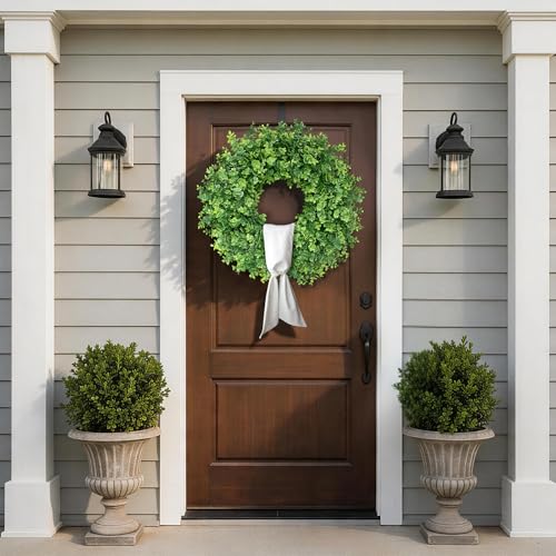 Image of 26 inch Artificial Eucalyptus Wreath with Sash for Front Door Decor(Green) | Faux Large Greenery, UV-resistant, for Porch /Window /Wall /Farmhouse /Home /Outdoor /Spring /Summer /All Seasons Decor