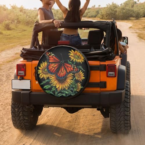 Image of Delerain Butterfly Sunflowers Spare Tire Cover for RV Trailer SUV Truck and Many Vehicle, Wheel Covers Sun Protector Waterproof (15 Inch for Diameter 27 inch-29 inch)