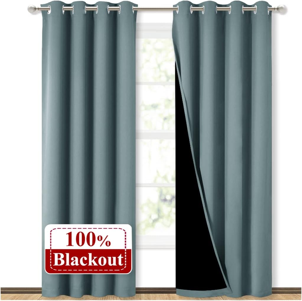NICETOWN 100% Blackout Curtains 84 Inches Long Greyish Blue Pair - Thermal Insulated Noise Blocking Drapes for Bedrooms and Baby Rooms
