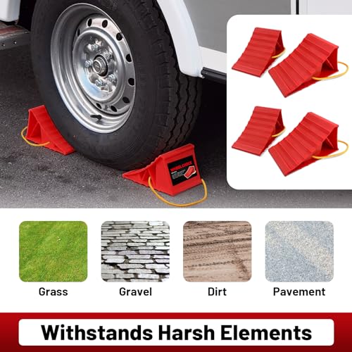 Image of HOXWELL 2 Pair Wheel Chocks for Travel Trailers, Non Slip Heavy Duty Red Wheel Chock with Rope, Lightweight Wheel Stoppers for Cars Campers Trucks RVs, Easy to Carry & Suitable for Most Tyre Sizes