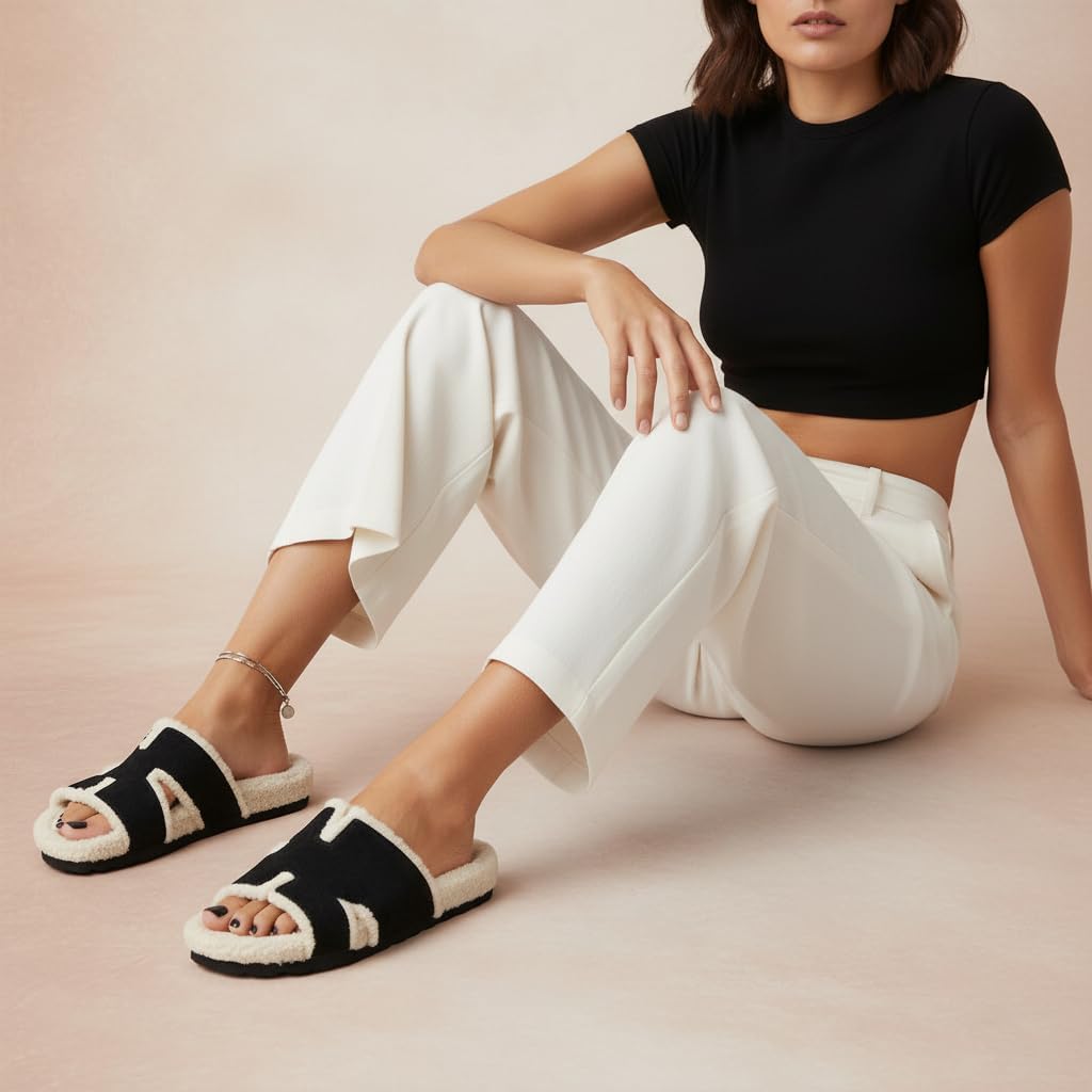 CUSHIONAIRE Cuddle Fur Slippers for Women Faux Shearling Slide Sandal +Memory Foam, Wide Widths Available