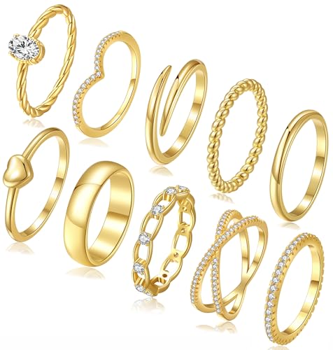 PLOMFOV Stackable Gold Rings for Women Non Tarnish 14K Gold/Silver Plated Stacking Dainty Thumb Cubic Zirconia Ring Stack Set Pack Statement Promise Wedding Bands Engagement Rings for Women Size 5-10