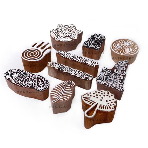 Image of Hashcart | Set of 10 | Handcarved Multi Shape Floral Design Stamps for Scrapbooking | Wooden Blocks for Project Designing | Henna | Clay | Pottery Craft | Tattoo | Project Making