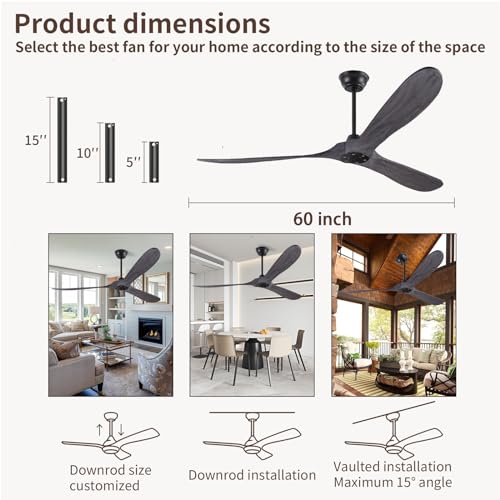 60 Inch Ceiling Fan No Light ,Wood Outdoor Ceiling Fans for Patios Living Room Gazebo Mid Century Modern Big Waterproof Ceiling Fans without Lights with Downrod(Grey)