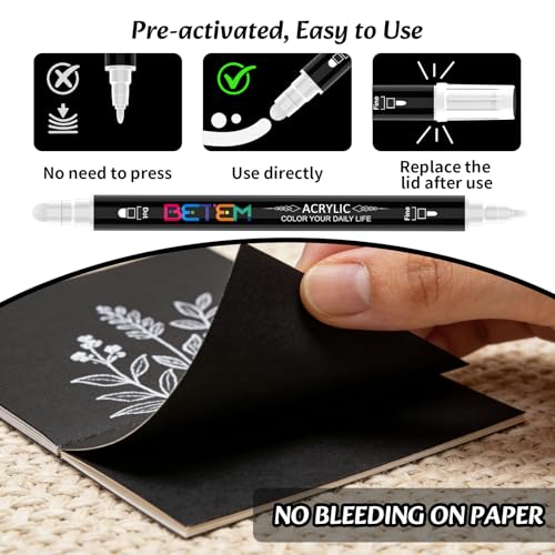 Image of Betem 6 White Dual Tip Acrylic Paint Markers, Fabric Decorating Kits Premium Water-Based Acrylic Paint Pens Art Supplies for Fabric, Rock, Wood, Glass, Canvas, Ceramic, Teacher Appreciation Gift