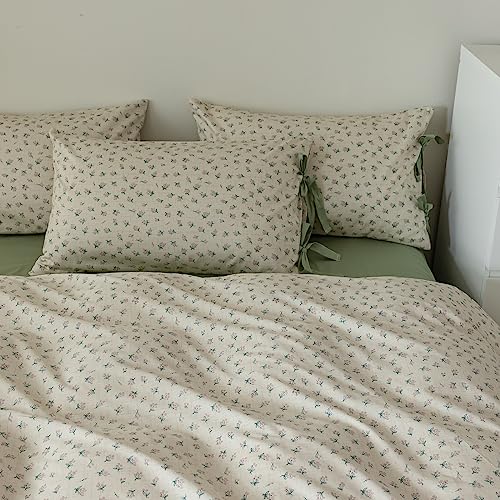 VM VOUGEMARKET Duvet Cover Set Twin 100% Cotton 3 Pcs Girls Green Floral Comforter Cover with Zipper Closure,Cottagecore Style Duvet Cover + 2 Pillowcases with Bowknot-68x86 Inch