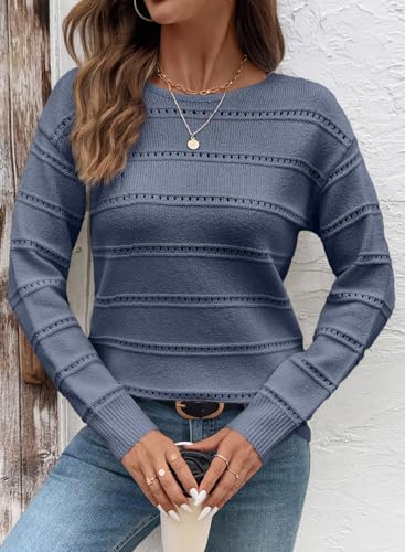 Image of SHEWIN Women's Sweaters Crew Neck Crochet Sweater Lightweight Knit Long Sleeve Tops Shirts Loose Fit Spring 2026