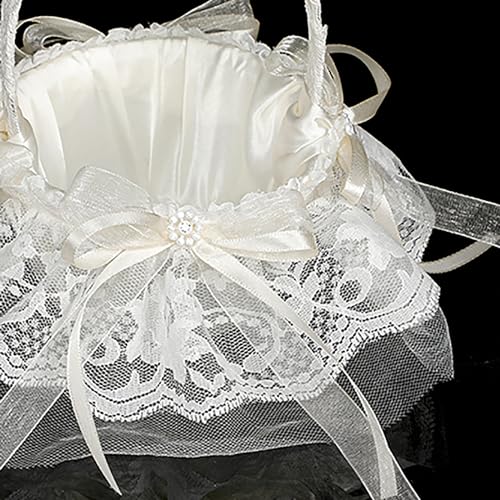 Jlong Flower Girl Basket for Wedding with Pearl Handle Cute Bowknot Satin Flower Baskets for Wedding Ceremony Handwoven Rustic Lace Wedding Baskets for Flower Girls Pearl Collection Party Supplies - Thumbnail 4