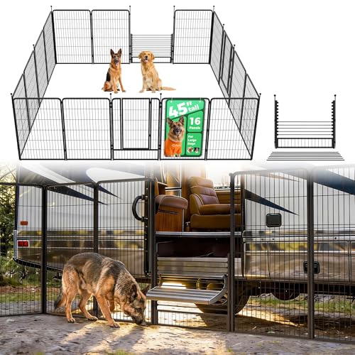 Image of FXW Instant Dog Playpen with RV Step Grid for RV Camping, 45 inch H, 16 Panels | Quick-Setup & Heavy-Duty Play Yard, Helps Close Stair Gaps, Fits 26 inch RV Step Opening, For Large Dogs, Patented