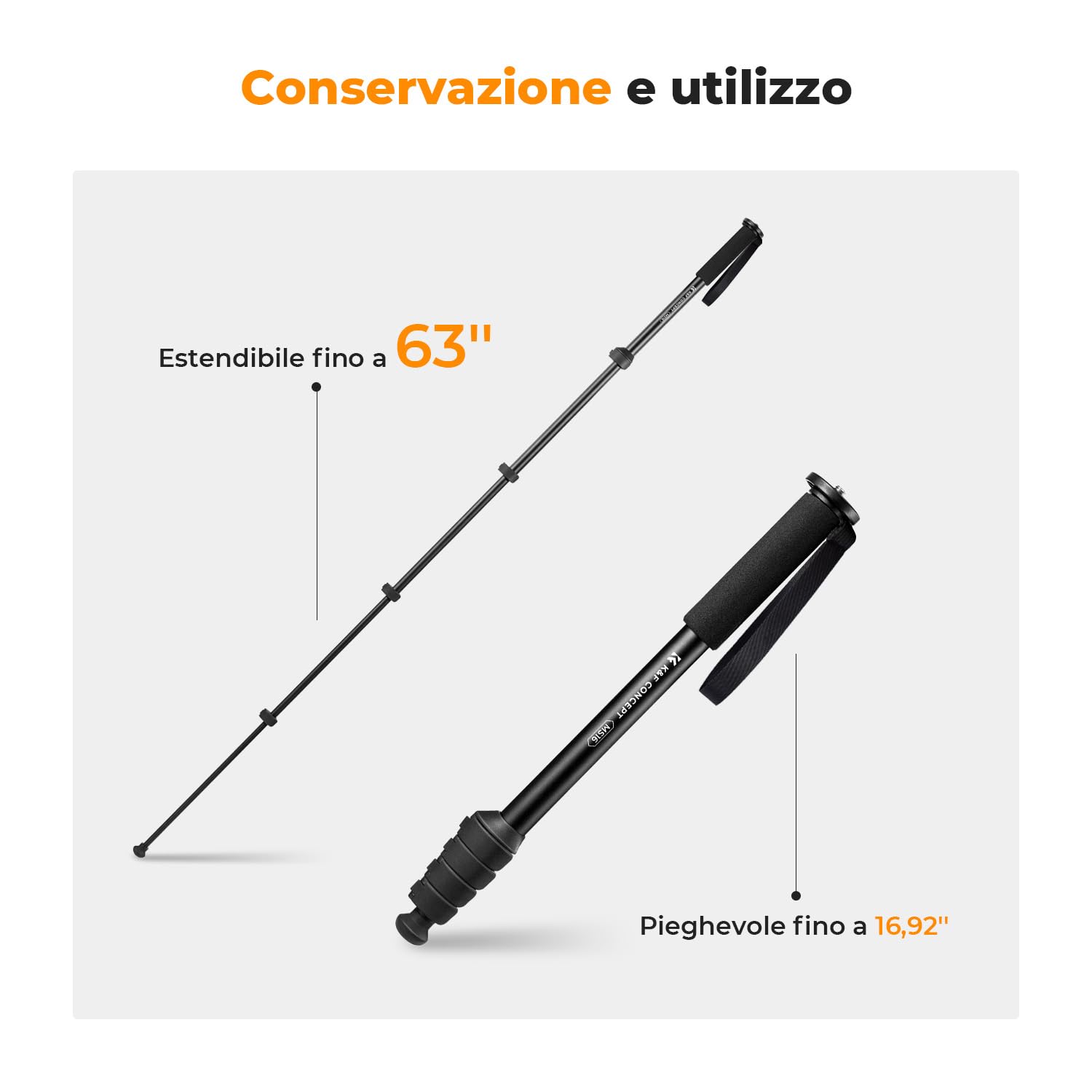 K&F Concept Monopiede Fotocamera 160cm, Bastone Selfie Multifunzionale per Gopro DSLR con Cavo anti-Perdita, Bastone da Passeggio estensibile con bussola, Carico Max 10kg, Peso 0,33kg - MS16