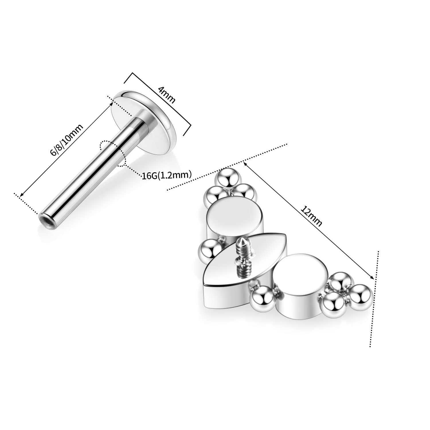 Close-up of a silver titanium labret stud with an internally threaded flatback design.