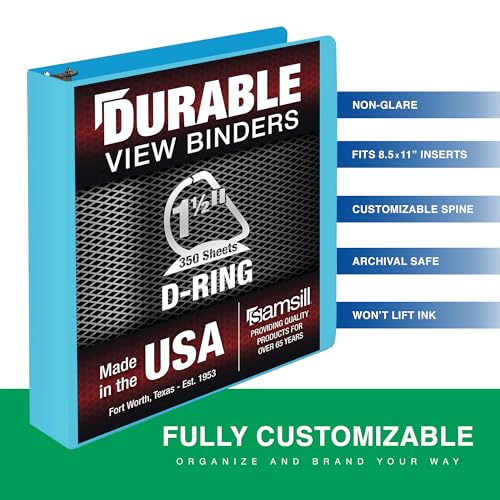 Image of Samsill Durable 1.5 Inch Binder, D Ring Binder, Customizable Clear View Cover, Sky Blue, Holds 350 Pages