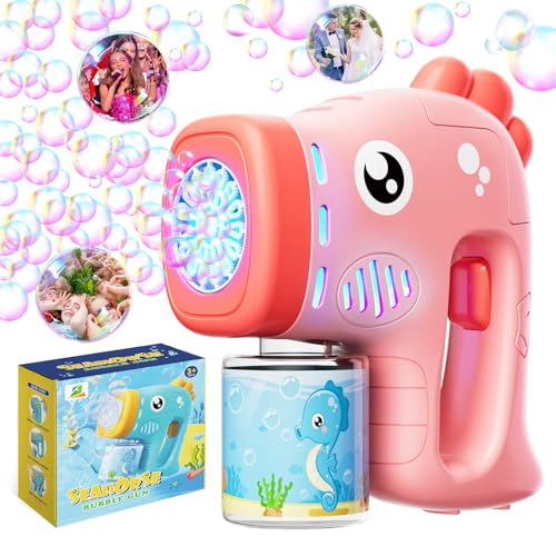 Panamalar Pistola de Burbujas para Niños, Máquina de Burbujas de Jabón 8000+ Burbujas/Min, 12 Agujeros Pistola de Pompas de Jabón Portátil con Solución/Luces para Fiestas Boda Al Aire Libre-Rosa
