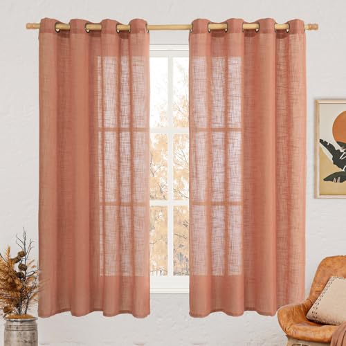 Image of LAMIT Terracotta Linen Curtains 63 inch Length 2 Panels for Living Room, Bronze Grommet Soft Semi Sheer Light Filtering Window Treatments Neutral Fall Decor Drapes for Bedroom, 52 x 63 Inch