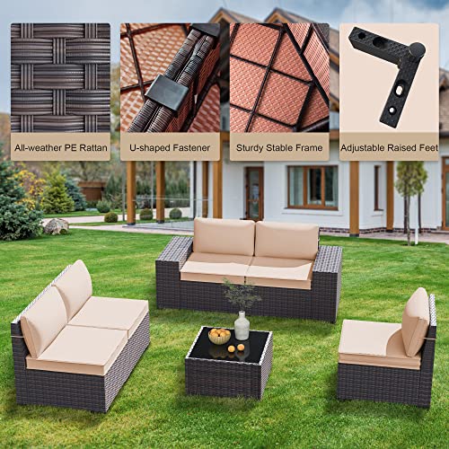 Grezone 6 Pieces Patio Outdoor Furniture Sets All Weather Wicker Sectional Sofa Couch Lawn Sectional Furniture With Washable Couch Cushions And Wicker Table (Cream) #TOP3