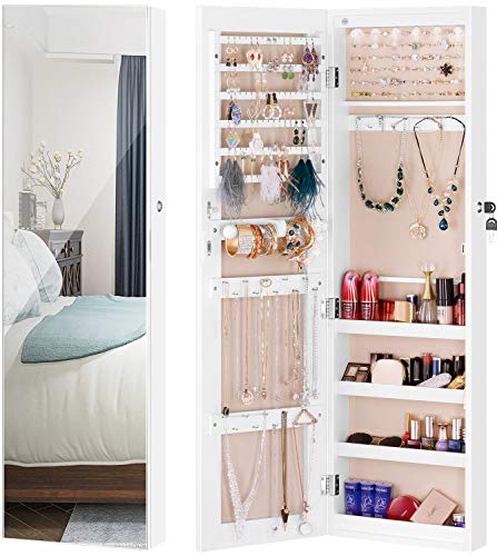 LUXFURNI Mirror Jewelry Cabinet 6 LED Lights Wall-Mount/Door-Hanging Armoire, Full Screen Mirror Large