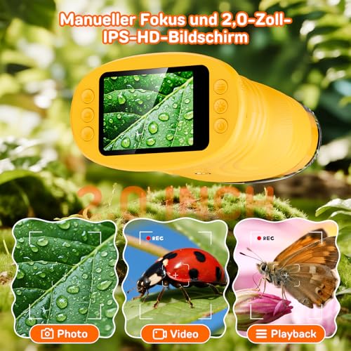 Mikroskop für Kinder, 1080P HD 2.0\ Bildschirm Taschenmikroskop, Ashfly Handy Digital Microscope LED Lights -Anschluss an PC, Mini-Mikroskop draussen Geschenke für 4-12 Jährige Orange