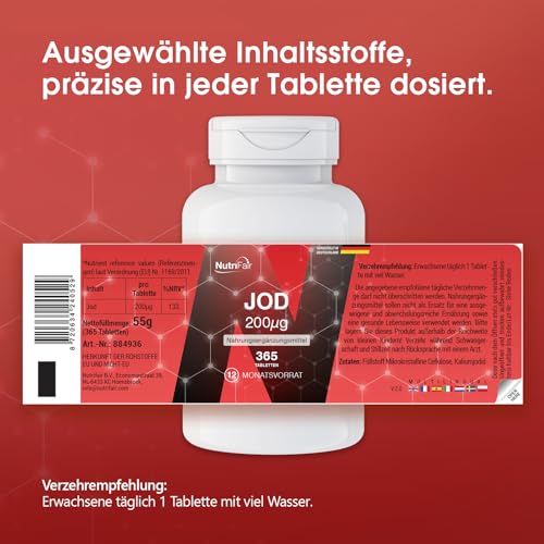 Nutrifair Jod 200μg, 365 Tabletten mit je 200μg Jod, schluckfreundlich, Hochdosiert, Kaliumjodid, 100% Vegan, Deutsche Produktion & Laborprüfung