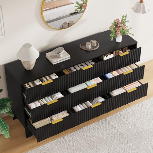 Image of Garvee 9 Drawer Dresser for Bedroom, 59 inch Wide Fluted Chest of Drawers with Metal Handle, Modern Wooden Dresser TV Stand, Clothes Storage Organizer Wood Closet for Hallway, Entryway, Black