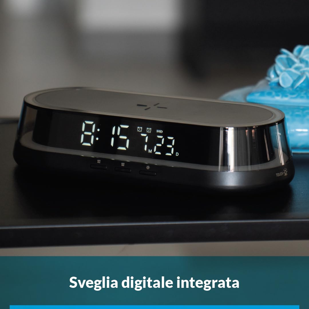 Rainbow Stazione da Comodino Multifunzione con Lampada LED RGB, Orologio Digitale, Sveglia, Temperatura e Ricarica Wireless Qi 15W, Display LED USB-C (Nero)
