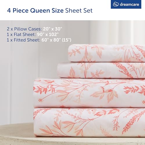 Image of DREAMCARE Queen Sheet Set - 4 pcs Breathable Cooling Sheets - up to 15 inch Deep Pocket Queen Sheets Set with Side Pockets - Extra Soft 100% Brushed Hypoallergenic Hotel Luxury Bedding - Floral Pink