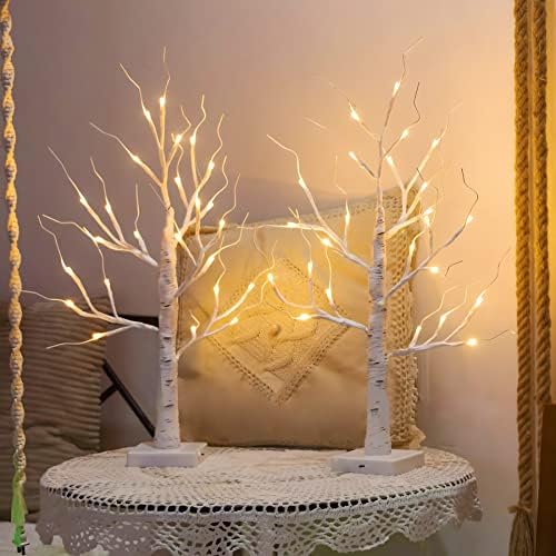 Hemasxing 2 Pack 24LT Lighted Birch Tree with Timer 2FT Battery Operated and USB Power Warm White Christmas Tree Lights for Party Festival Wedding Table Top Decorations