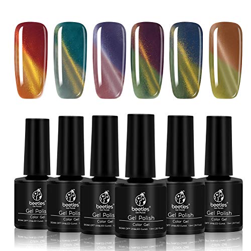 Beetles Color Changing Cat Eye Gel Polish Set - Pack of 6 Colors Long Lasting, Soak Off UV LED Gel, 7.3ml Each Bottle