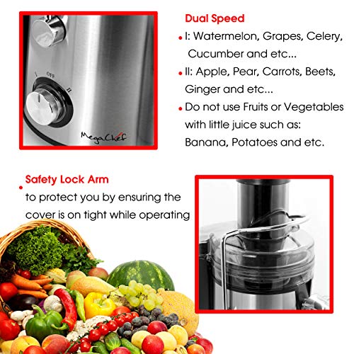 Megachef Wide Mouth Extractor Juice Machine With Dual Speed Centrifugal Stainless Steel Juicer, 3.5 Cup, Chrome Silver #TOP7