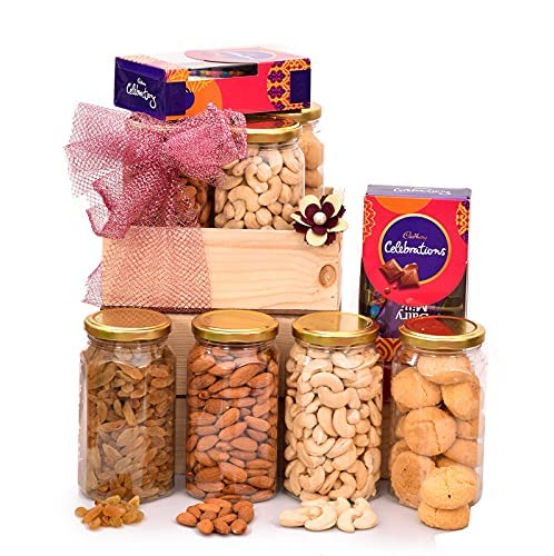 Image of NUTRI MIRACLE Rakhi Dry Fruit & Nut Gifts For Brother /Bhai /Family With Ethnic Rakhis,Almonds,Cashews,Raisins,Cookies,Celebrations N Tilak Kit,450gm