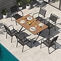 Patiorama 7 Pieces Patio Dining Set, Aluminum Outdoor Dining Set for 6, Patio Furniture Dining Set with Faux Woodgrain Rectangular Table and Stackable Chairs for Lawn Garden Backyard, Black