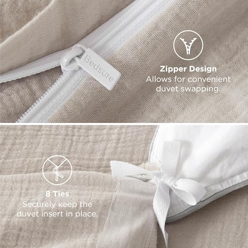 Image of Bedsure Muslin Duvet Cover Queen Size - Cotton Blend Viscose Derived from Bamboo, Cooling Duvet Cover for Hot Sleepers, PureWoven Ultra-Soft & Breathable Bedding Set for All Seasons (Linen, 90 inchx90 inch)