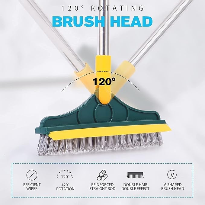 Image of 2 in 1 Toilet Bathroom Cleaning Brush with Wiper and Long Handle - 180 Rotate Floor Scrub Brush for Tiles, Home Kitchen Bathroom Accessories