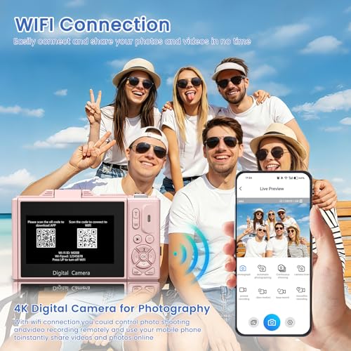 Image of 4K Digital Camera for Photography, 64MP HD WiFi Vlogging Camera for YouTube with 3 inch 180Flip Screen, 18X Digital Zoom,Autofocus Compact Camera with Flash,32GB TF Card & 2 Batteries(Pink)