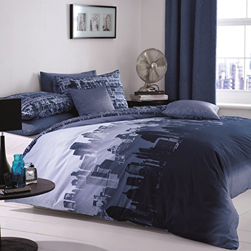 Catherine Lansfield Cityscape Juego de Funda Nórdica, Algodón, Azul, 220x240x1 cm