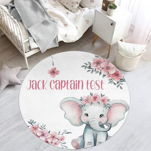 lanleay Custom White Elephant Baby Rugs for Neutral Nursery Decor: Personalized Name Newborn Gifts Nursery Rug with Cute Elephant - Customized Name Floral Round Toddler Rug for Boys Girls