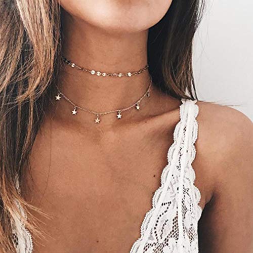 Preisvergleich Produktbild Jovono Boho Mehrschichtige Pailletten Chokerhalsketten Fashion Star Quasten Halskette Kette Schmuck für Frauen und Mädchen (Gold)