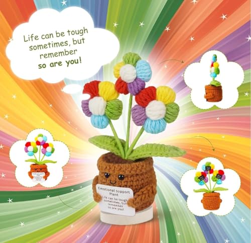 Image of VRB DecTM 1 Pcs Crochet Flowers Artificial Sunflower for Office Desk Car Dashboard Decor,Home Decoration, Office, Bedroom (Emotional Support Multi Daisy Artificial Plants with Crochet Pot - 1 Pcs)